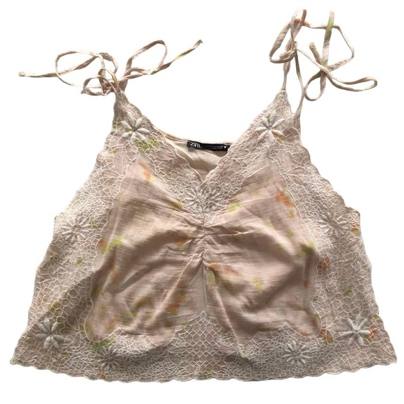 Zara tie dye embroidered lace trim camisole tank top, cream pink size Medium - Picture 2 of 14